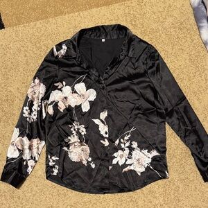 SHEIN Black Floral Satin Blouse